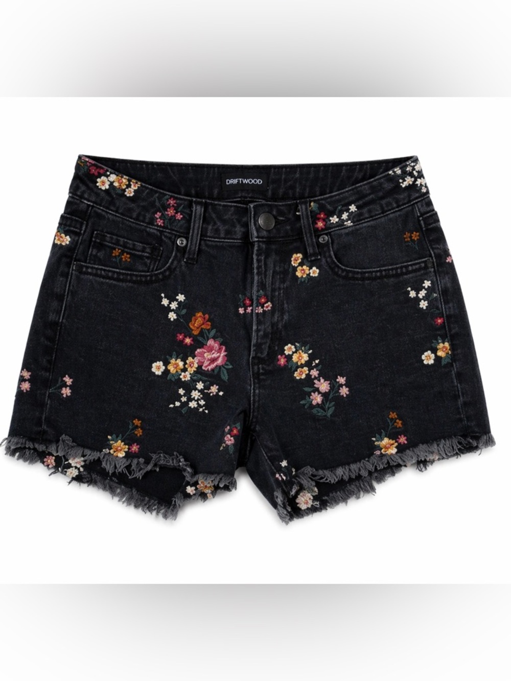 Driftwood Connie Black Denim Floral Embroidered Cutoff Shorts boho/festival 25 - Picture 2 of 8